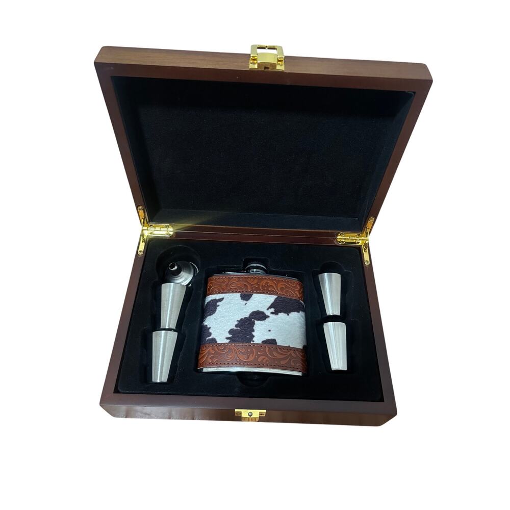 Cow Print 6 oz Stainless Steel Flask Gift Set in Wood Box with Cups & Funnel - Picture 4 of 8